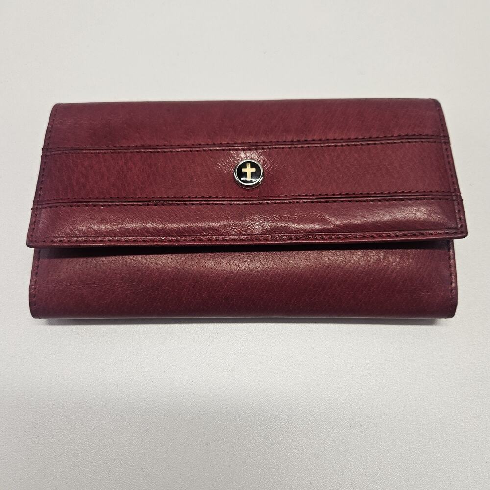 Vtg Divinity Trifold Red Leather Wallet Checkbook Cards Kiss Lock Cross Celtic